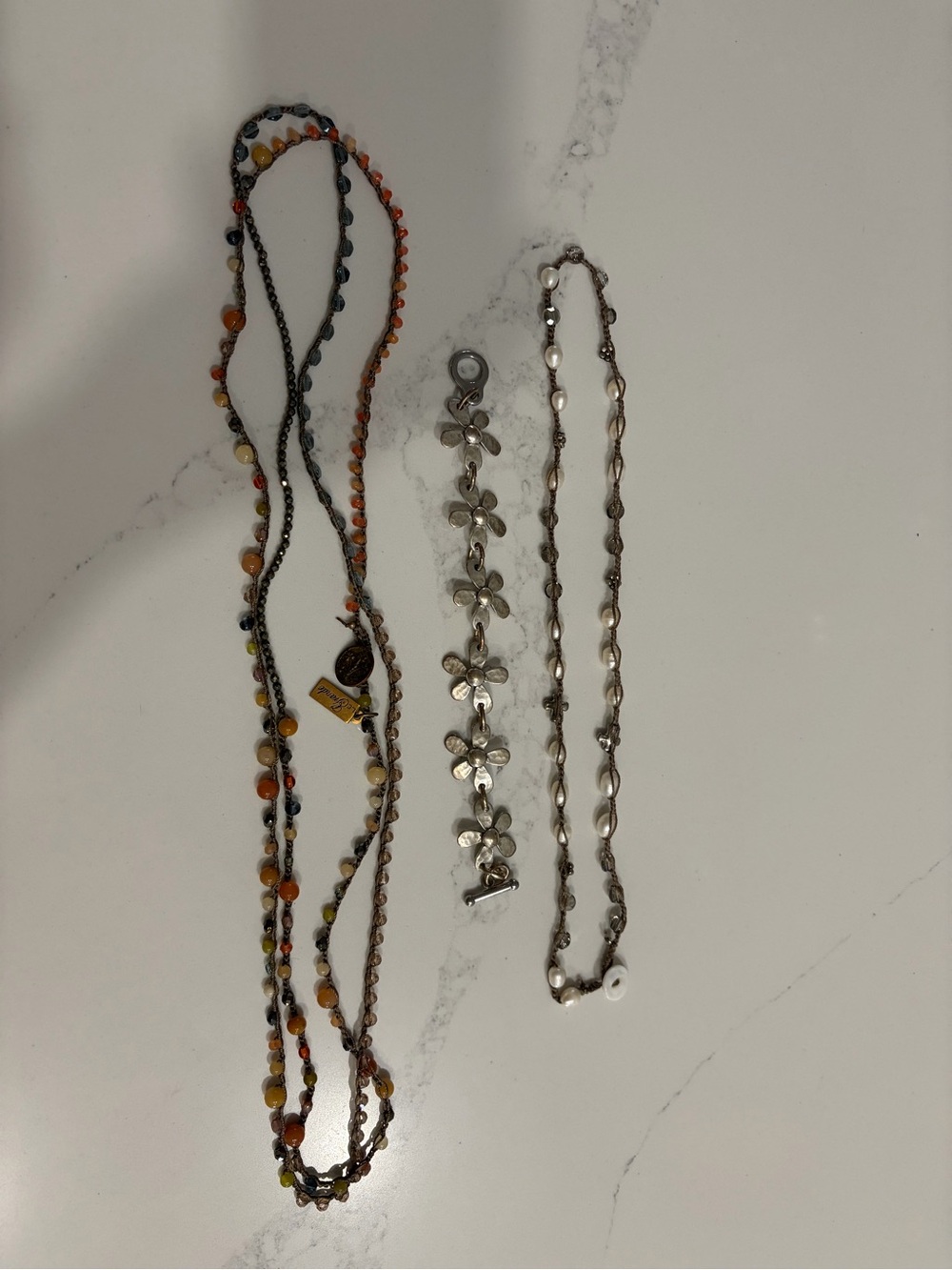 Multicolor Beaded Layered Necklace with Silver Floral Chain